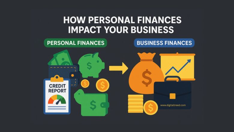 2D digital illustration infographic titled "How Personal Finances Impact Business Success," showing icons for budgeting, credit health, savings, and decision-making, with minimal text.