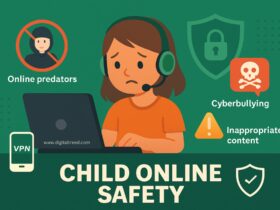 Flat-style digital illustration showing online child safety tips, including VPN protection, parental controls, and cyber threat awareness, with minimal text.