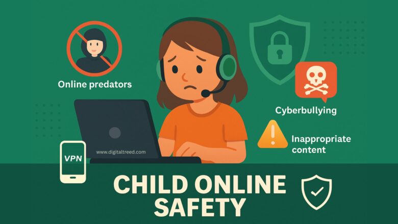 Flat-style digital illustration showing online child safety tips, including VPN protection, parental controls, and cyber threat awareness, with minimal text.