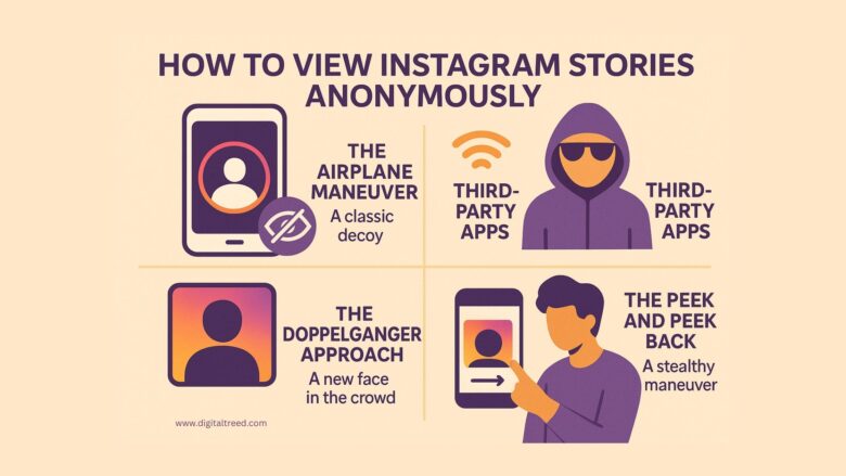 Flat-style digital infographic titled "How to View Instagram Stories Anonymously," showing illustrated steps like airplane mode, third-party apps, secondary accounts, and slide-to-peek, with minimal text and a sleek social media theme.
