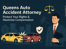 Flat-style digital illustration showing an auto accident scene with two cars in a collision, legal scales, and a lawyer icon, symbolizing legal representation and rights after a crash.