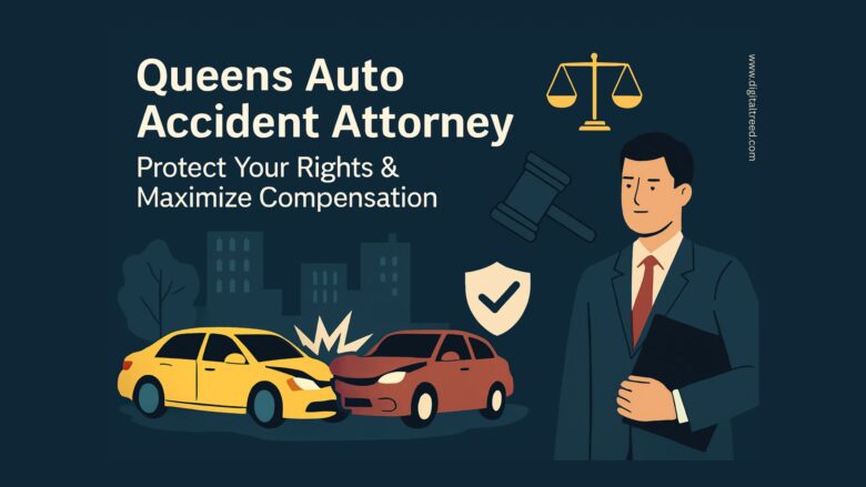 Flat-style digital illustration showing an auto accident scene with two cars in a collision, legal scales, and a lawyer icon, symbolizing legal representation and rights after a crash.