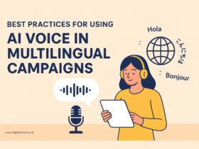 Flat-style digital illustration infographic showing AI voice technology for multilingual campaigns. Includes a globe, speech bubbles in multiple languages, sound wave graphics, and minimal text for clarity.