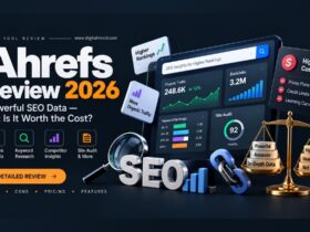 Realistic SEO intelligence workstation illustrating Ahrefs features, backlink analysis, keyword research, site audit, pricing, and pros and cons.
