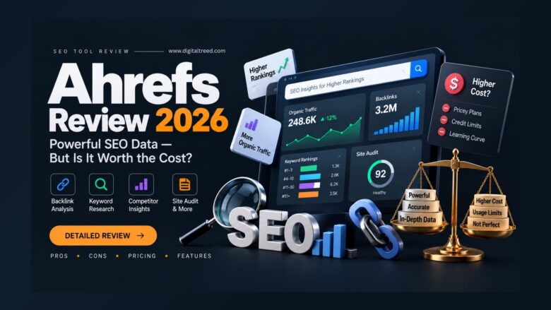 Realistic SEO intelligence workstation illustrating Ahrefs features, backlink analysis, keyword research, site audit, pricing, and pros and cons.