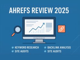 Infographic-style feature image about Ahrefs SEO tool review, showing visuals of keyword research, backlink analysis, site audit, and rank tracking with minimal text.