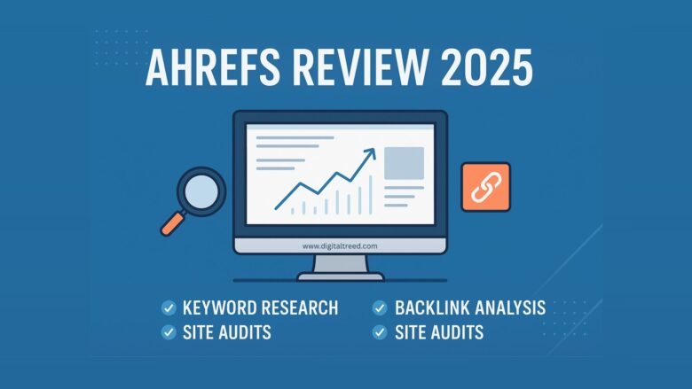 Infographic-style feature image about Ahrefs SEO tool review, showing visuals of keyword research, backlink analysis, site audit, and rank tracking with minimal text.