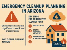 Flat-style infographic showing "Emergency Cleanup Plan Arizona" with simple icons: hazard sign, phone, checklist, shield, and cleanup crew illustration, minimal text.