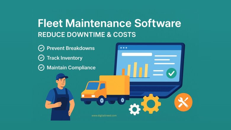 Flat-style digital illustration showing fleet maintenance software benefits with icons of trucks, repair tools, inventory charts, and preventive maintenance infographic.