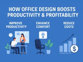 Flat-style infographic showing a modern office with ergonomic desks, bright lighting, and collaborative spaces, highlighting how office design boosts productivity and profitability.