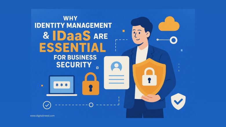 Infographic-style illustration showing digital security and identity management. A secure login screen with shield icons, cloud-based IDaaS, and padlock visuals representing data protection.