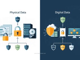 Infographic illustrating data protection compliance, with a focus on securing physical and digital data, and icons for GDPR, CCPA, and HIPAA.