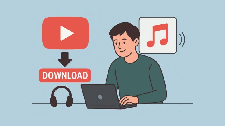 A flat-style digital illustration showing a young person sitting at a desk with a laptop, downloading music from YouTube. The background includes icons of YouTube, music notes, and a progress bar, representing safe and easy YouTube music downloading.
