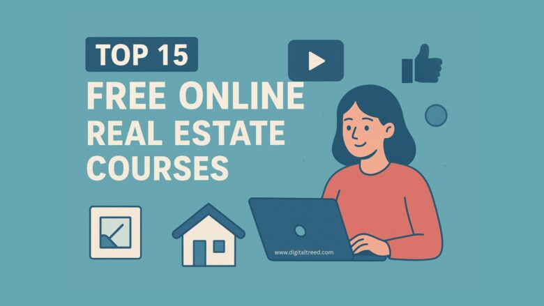 A creative flat-style digital illustration showing a real estate agent analyzing online learning platforms, charts, and icons representing education, property, and growth, promoting free online real estate courses with minimal text and infographic elements.