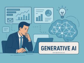 Illustration of a business professional analyzing data on a laptop surrounded by charts, graphs, and an AI brain symbol, representing generative AI decision-making.