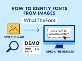 Flat-style digital illustration infographic showing how to identify fonts from images using WhatTheFont; includes computer and phone visuals, minimal text, and modern layout.