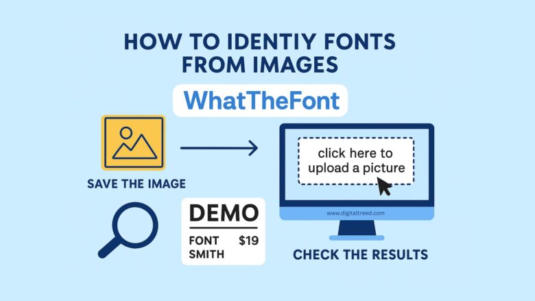 Flat-style digital illustration infographic showing how to identify fonts from images using WhatTheFont; includes computer and phone visuals, minimal text, and modern layout.