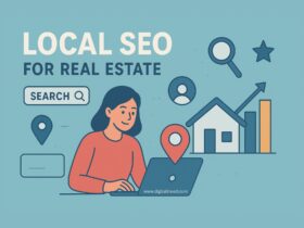 Illustration showing a woman using a laptop with icons of a house, location pin, magnifying glass, and bar chart, representing Local SEO strategies for real estate agents.