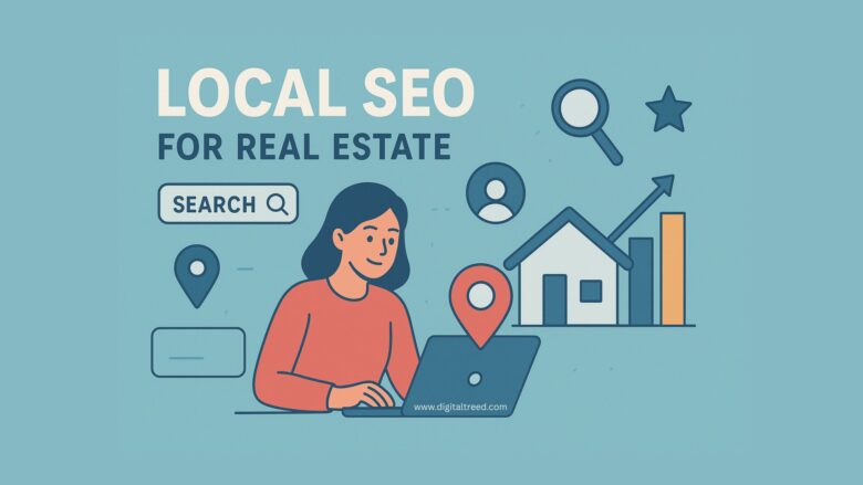 Illustration showing a woman using a laptop with icons of a house, location pin, magnifying glass, and bar chart, representing Local SEO strategies for real estate agents.