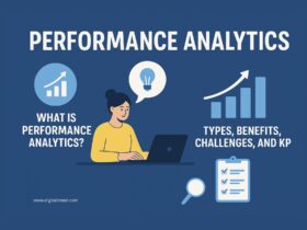 A modern flat-style digital illustration showing professionals analyzing data dashboards, graphs, and charts — symbolizing performance analytics, KPIs, and data-driven decision-making.