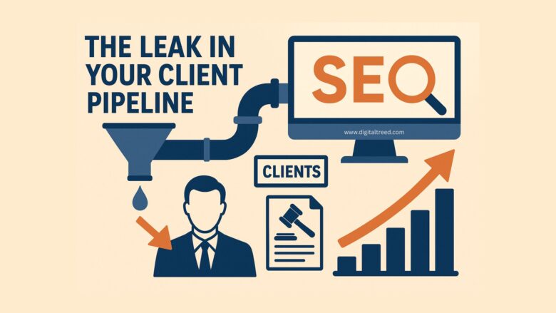 Infographic showing a leaking pipeline labeled ‘The Leak in Your Client Pipeline,’ connecting to a computer screen displaying ‘SEO.’ Below, a businessman icon, a legal document, a ‘Clients’ label, and an upward arrow graph symbolize how SEO impacts law firm client growth