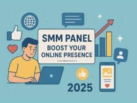 Illustration showing a person using a laptop with icons of likes, hearts, charts, and social media graphics, representing how an SMM panel boosts online presence in 2025.