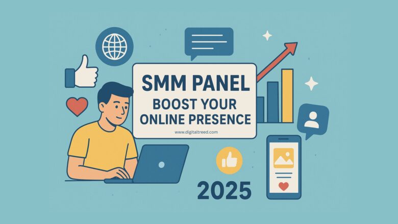 Illustration showing a person using a laptop with icons of likes, hearts, charts, and social media graphics, representing how an SMM panel boosts online presence in 2025.
