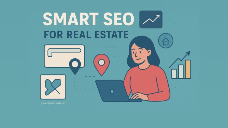 Illustration showing a Dubai skyline with business professionals, laptops, charts, and SEO icons, representing smart SEO strategies for Dubai startups to grow online.