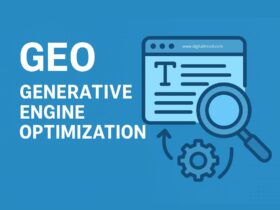 Alt text: “Modern flat-style illustration depicting the concept of Generative Engine Optimization (GEO), featuring AI systems analyzing digital content, data flows, and human interaction with minimal infographic elements and soft gradients.”