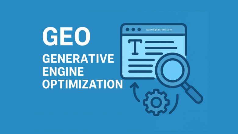 Alt text: “Modern flat-style illustration depicting the concept of Generative Engine Optimization (GEO), featuring AI systems analyzing digital content, data flows, and human interaction with minimal infographic elements and soft gradients.”