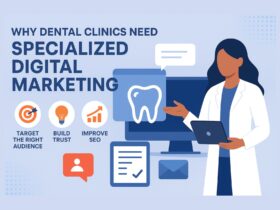 Flat-style digital illustration showing a female dentist holding a laptop beside a large computer screen with a tooth icon. The infographic highlights why dental clinics need specialized digital marketing, with icons for targeting the right audience, building trust, and improving SEO, presented in blue, white, and orange colors.