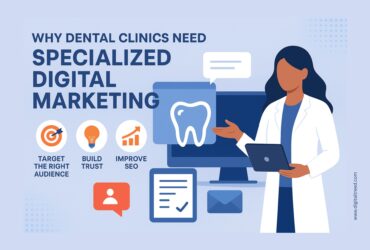 Flat-style digital illustration showing a female dentist holding a laptop beside a large computer screen with a tooth icon. The infographic highlights why dental clinics need specialized digital marketing, with icons for targeting the right audience, building trust, and improving SEO, presented in blue, white, and orange colors.