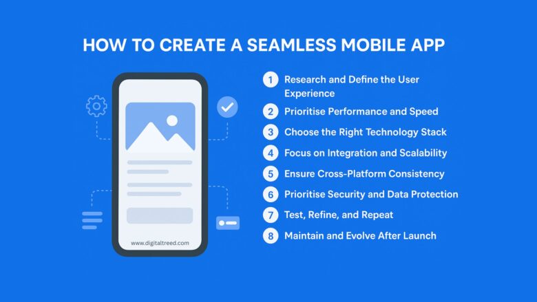 Flat design infographic titled ‘How to Create a Seamless Mobile App,’ showing a smartphone illustration on the left and eight key steps listed on the right, including research, performance, technology stack, scalability, cross-platform consistency, security, testing, and maintenance — all on a clean blue background.