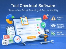 Digital infographic showing tool checkout software with a dashboard listing tools, check-in/check-out status, and icons highlighting reduced loss, improved visibility, and boosted efficiency.