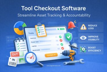 Digital infographic showing tool checkout software with a dashboard listing tools, check-in/check-out status, and icons highlighting reduced loss, improved visibility, and boosted efficiency.