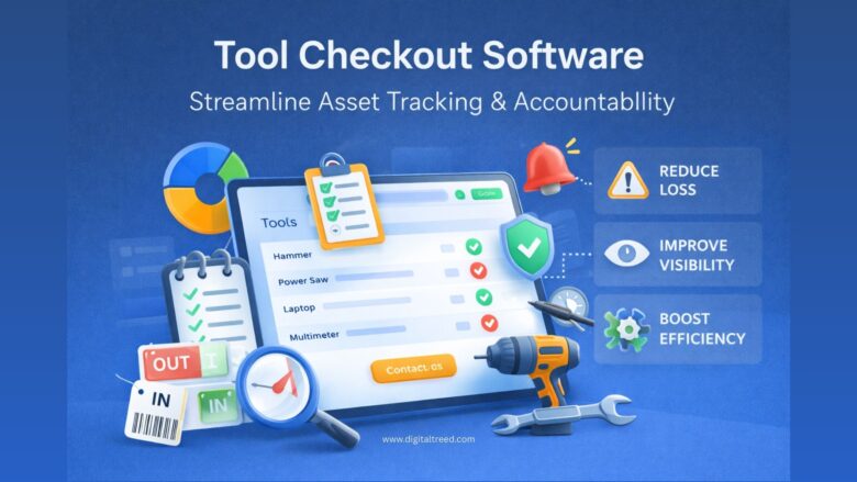 Digital infographic showing tool checkout software with a dashboard listing tools, check-in/check-out status, and icons highlighting reduced loss, improved visibility, and boosted efficiency.