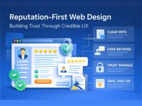 Infographic showing reputation-first web design with a website interface, five-star reviews, security lock, trust badges, and icons highlighting clear information, user reviews, trust signals, and fast, secure UX.