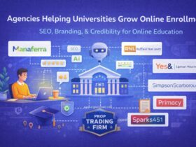 Illustration showing universities growing online enrollment through SEO and digital marketing, with a central university building connected to agencies, AI search, reviews, and branding icons on a solid blue background.