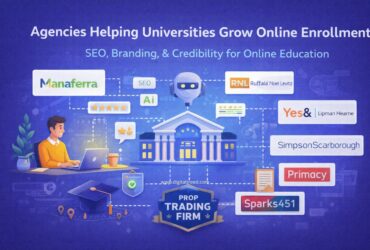 Illustration showing universities growing online enrollment through SEO and digital marketing, with a central university building connected to agencies, AI search, reviews, and branding icons on a solid blue background.