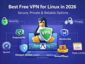 **Alt text:** Illustration showing a Linux penguin holding a VPN shield on a laptop, surrounded by icons representing security, privacy, speed, and data limits, highlighting the best free VPN options for Linux in 2026.