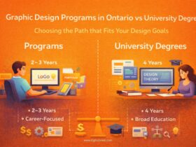 Illustrated infographic comparing graphic design programs in Ontario and university graphic design degrees, showing career-focused diploma paths versus four-year academic degrees with visual icons for duration, cost, and outcomes.