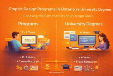 Illustrated infographic comparing graphic design programs in Ontario and university graphic design degrees, showing career-focused diploma paths versus four-year academic degrees with visual icons for duration, cost, and outcomes.