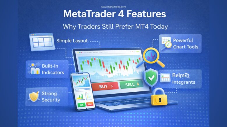 Illustration showing MetaTrader 4 features with a laptop and mobile trading screens, candlestick charts, buy/sell buttons, and icons representing simple layout, chart tools, indicators, security, and multi-device access.