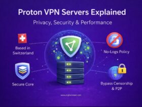 Infographic illustrating Proton VPN servers with a purple background, showing a secure shield logo over global servers and icons highlighting Switzerland-based privacy, Secure Core, no-logs policy, and censorship bypass with P2P support.