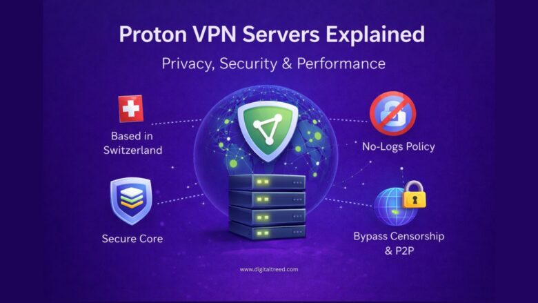 Infographic illustrating Proton VPN servers with a purple background, showing a secure shield logo over global servers and icons highlighting Switzerland-based privacy, Secure Core, no-logs policy, and censorship bypass with P2P support.