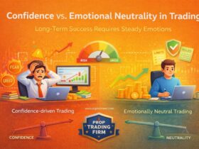 Illustration comparing confidence-driven trading and emotionally neutral trading, showing a stressed trader reacting to fear and greed versus a calm trader following rules, highlighting disciplined, neutral decision-making in prop trading.