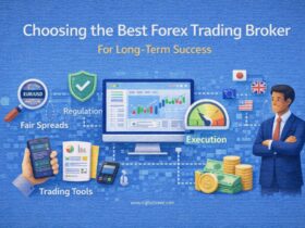 Choosing the Best Forex Trading Broker: Infographic showing trading platform, regulation, execution speed, spreads, tools, and trader analyzing forex market for long-term success