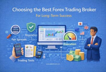 Choosing the Best Forex Trading Broker: Infographic showing trading platform, regulation, execution speed, spreads, tools, and trader analyzing forex market for long-term success