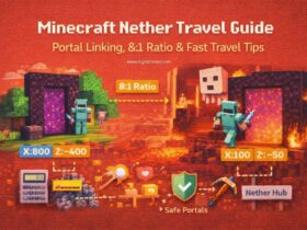 Infographic showing Minecraft Nether fast travel system with portal linking, 8:1 travel ratio, coordinate conversion, and safe Nether hub transportation setup.