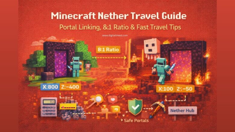 Infographic showing Minecraft Nether fast travel system with portal linking, 8:1 travel ratio, coordinate conversion, and safe Nether hub transportation setup.